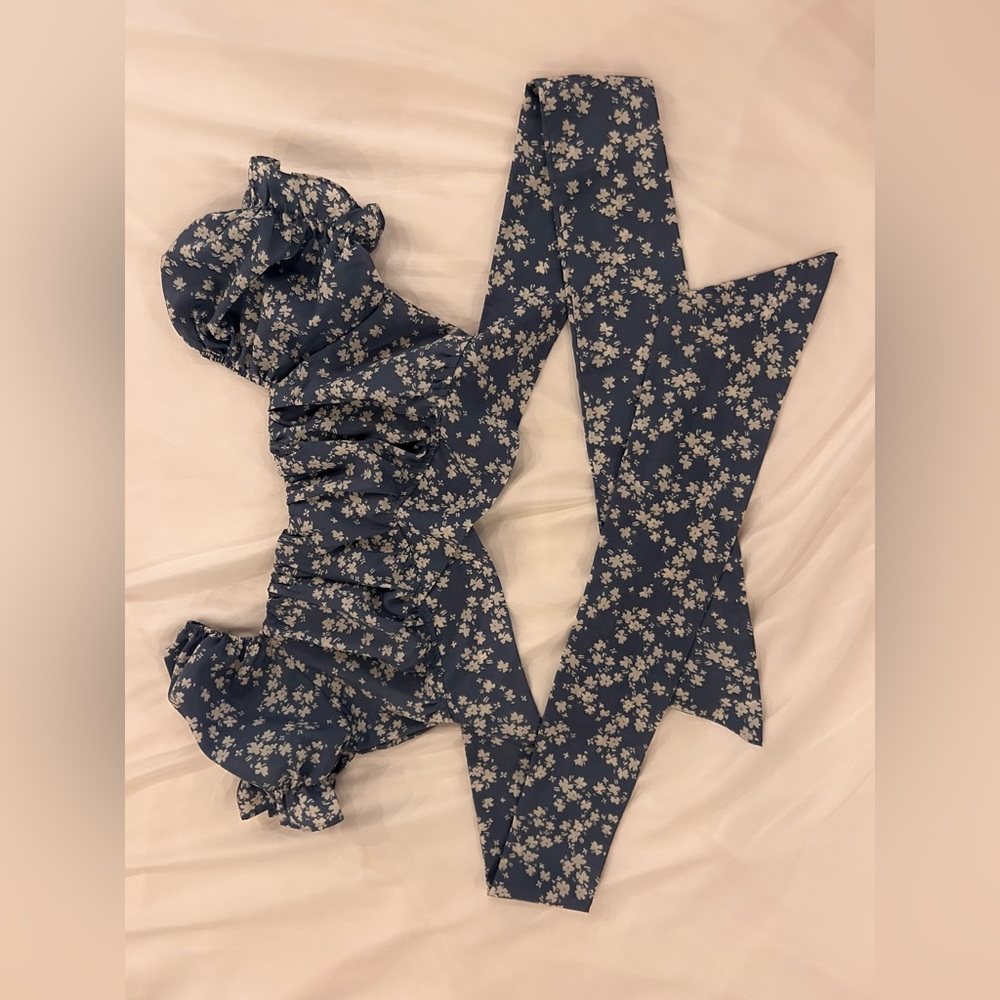 blue wrap around floral shirt